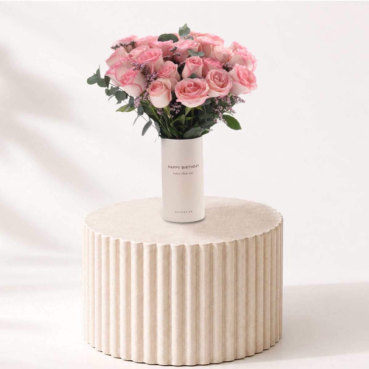 24 Pink Roses in Happy Birthday Vase - Zuvees.ae