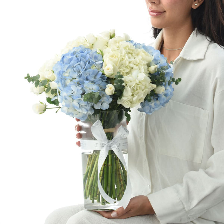 Azure Clouds & Ivory Roses Vase