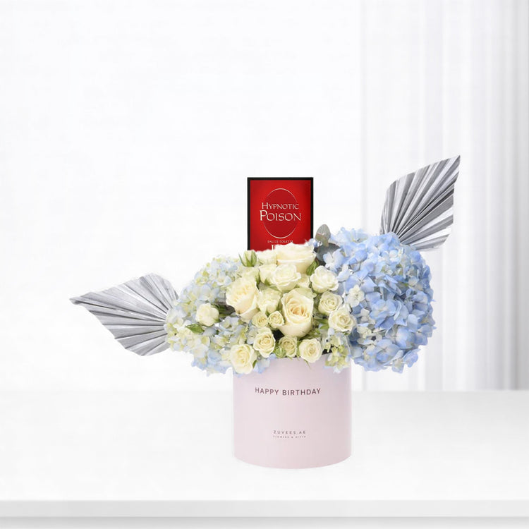 Blue & White Birthday Bloom Box Perfume Combo - Zuvees.ae