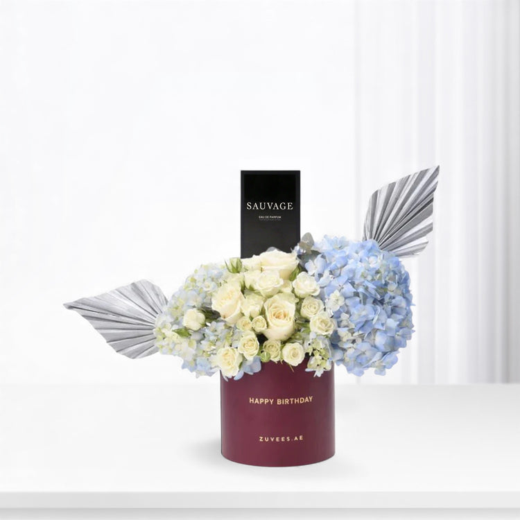 Blue & White Birthday Bloom Box Perfume Combo - Zuvees.ae