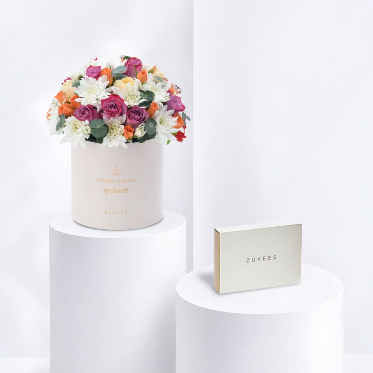 Diwali Purple Rose & Chrysanthemum White Box Chocolate Combo - Diwali Gifts
