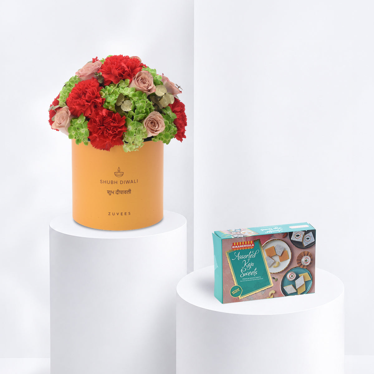 Diwali Rose & Orange Carnation Yellow Box Sweets Combo - Diwali Gifts