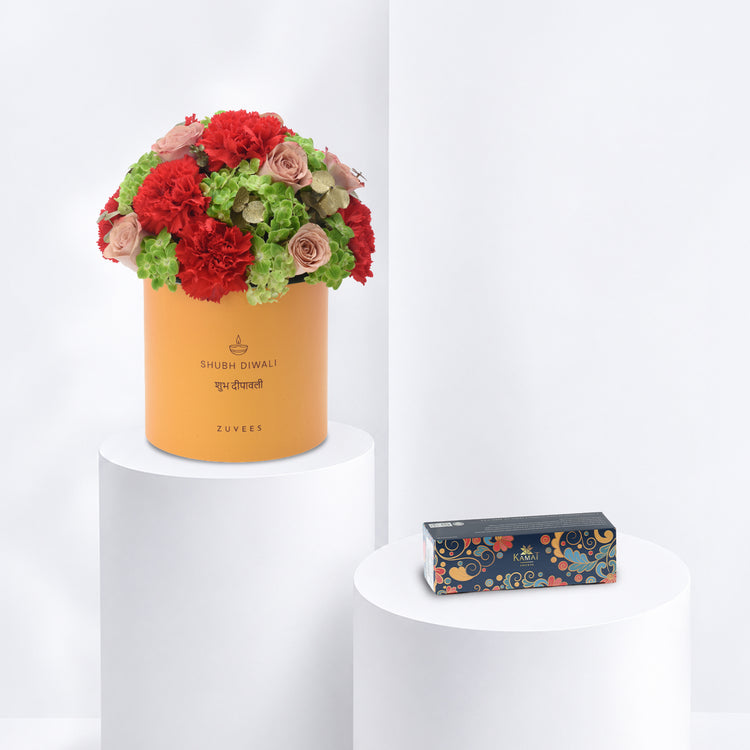 Diwali Rose & Orange Carnation Yellow Box Sweets Combo - Diwali Gifts