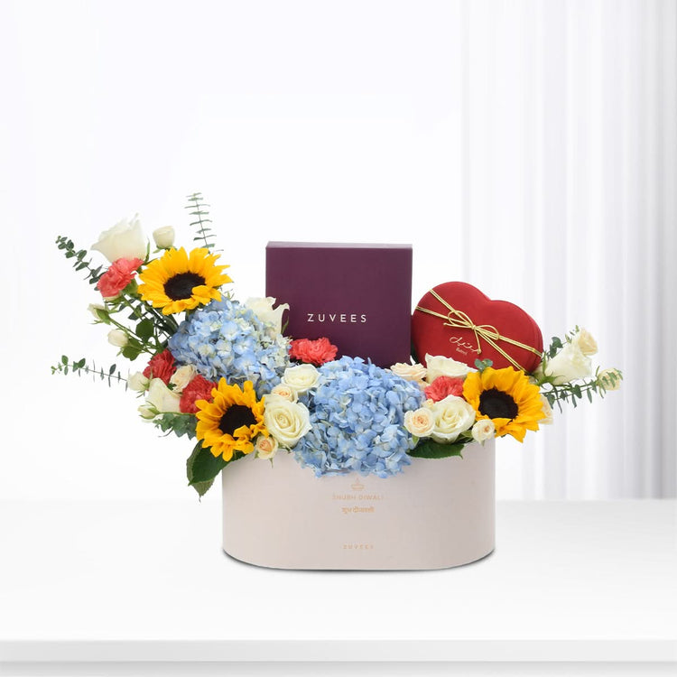 Diwali Blue Hydrangea & Sunflower Gift Box - Diwali Gifts