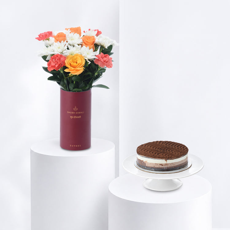 Diwali Orange Rose & Chrysanthemum Vase Cake Combo - Diwali Gifts