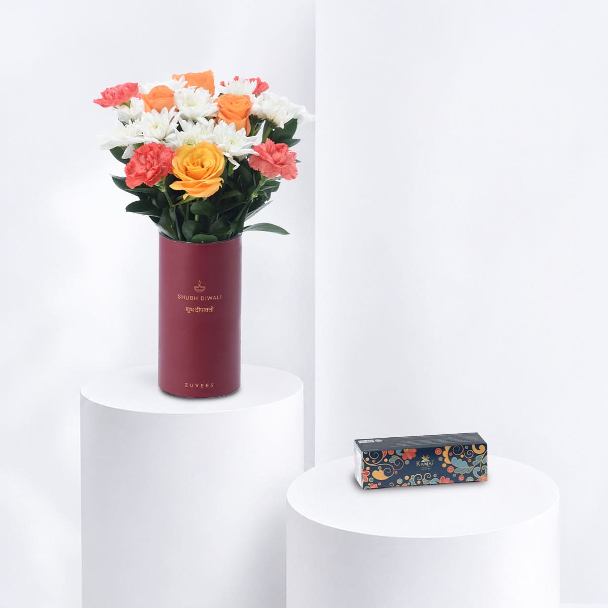 Diwali Orange Rose & Chrysanthemum Vase Sweets Combo - Diwali Gifts
