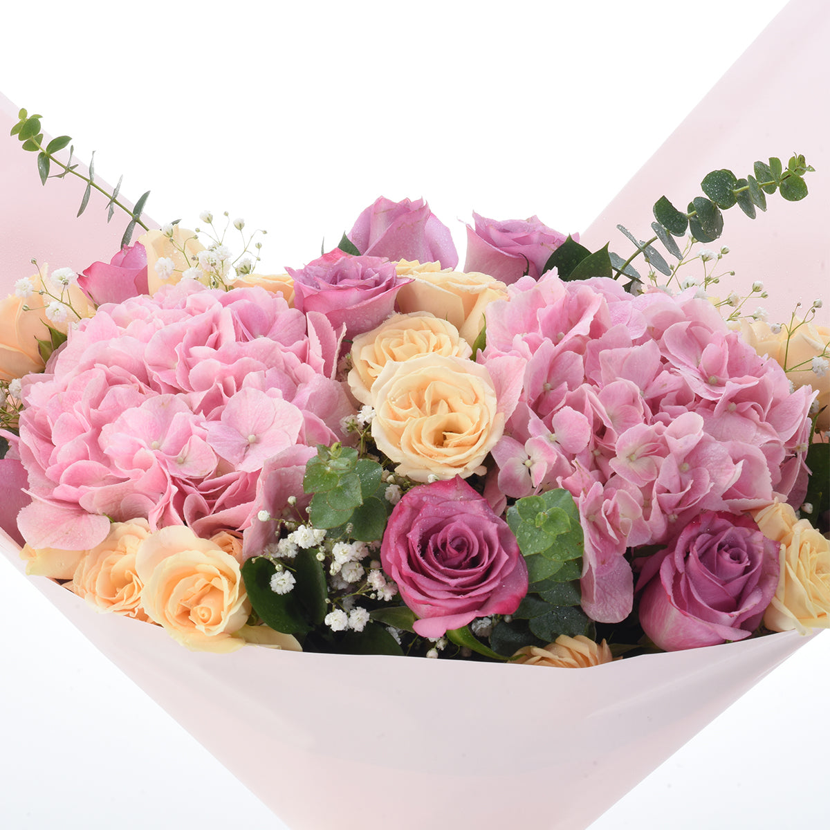 Diwali Pink Hydrangea & Purple Roses Bouquet - Diwali Gifts