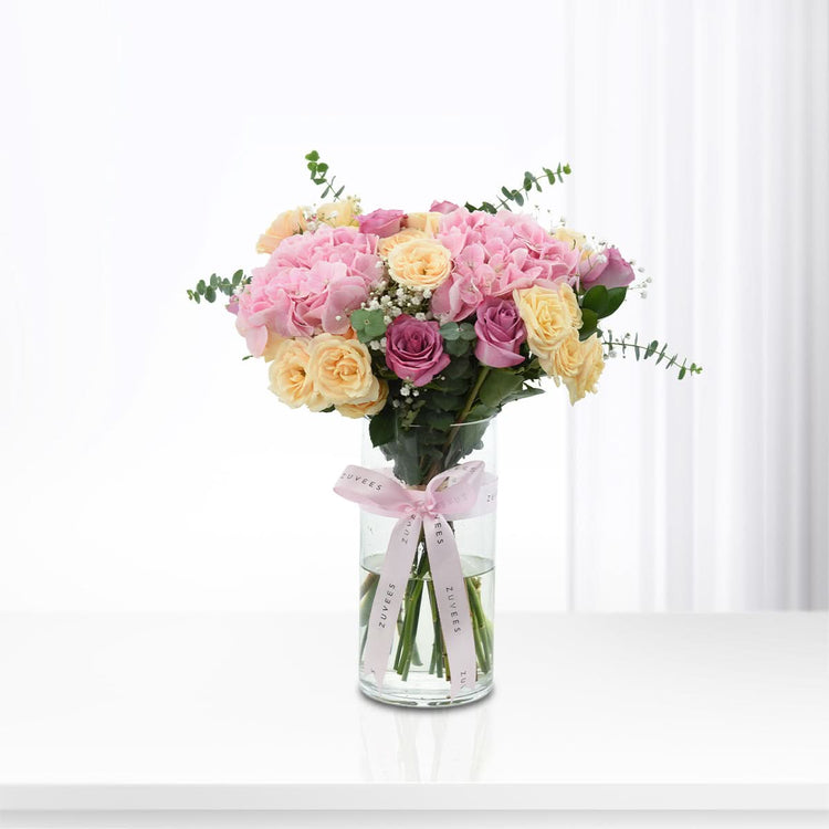 Diwali Pink Hydrangea & Purple Roses Vase - Diwali Gifts