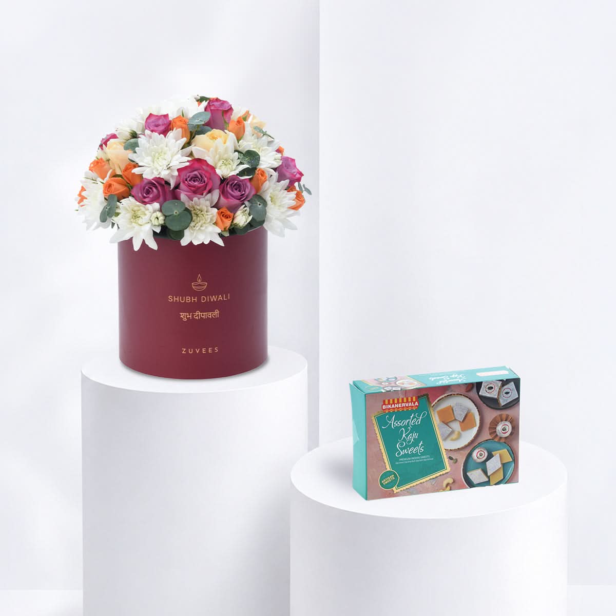 Diwali Purple Rose & Chrysanthemum Red Box Sweets Combo