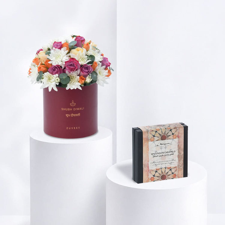 Diwali Purple Rose & Chrysanthemum Red Box Chocolate Combo - Diwali Gifts