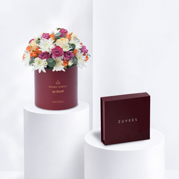 Diwali Purple Rose & Chrysanthemum Red Box Chocolate Combo - Diwali Gifts