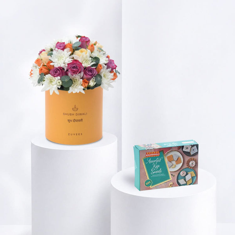 Diwali Purple Rose & Chrysanthemum Yellow Box Sweets Combo - Diwali Gifts