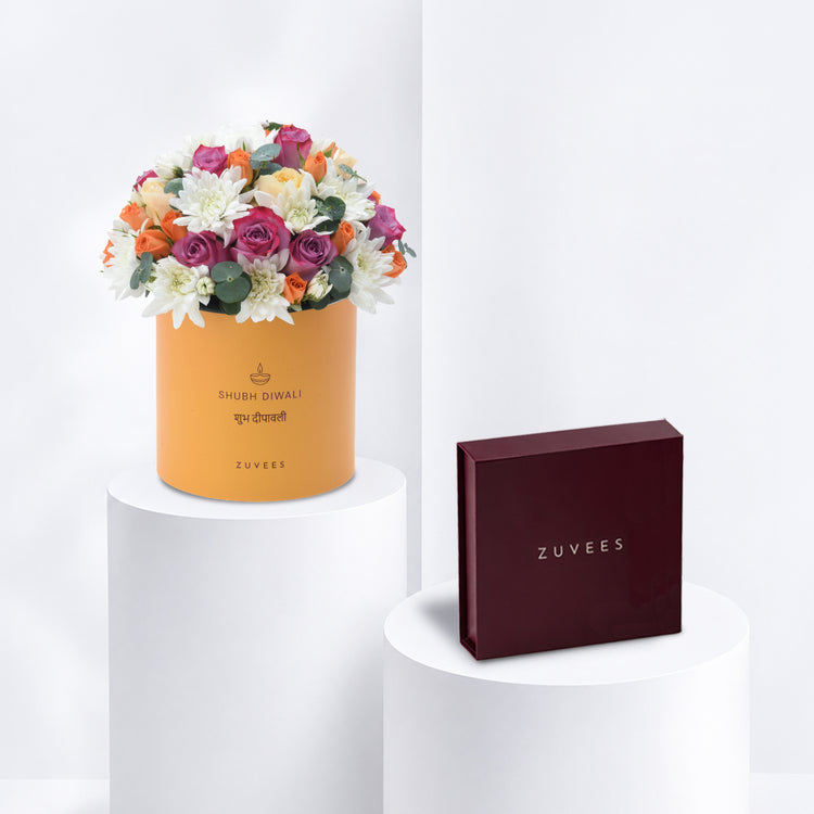 Diwali Purple Rose & Chrysanthemum Yellow Box Chocolate Combo - Diwali Gifts