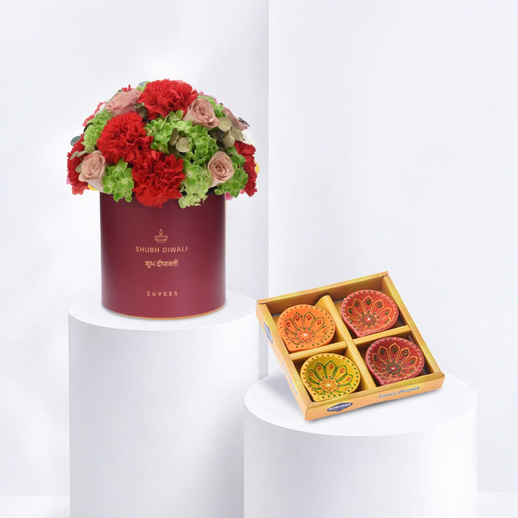 Diwali Rose & Orange Carnation Yellow Box Diya Set Combo - Zuvees.ae