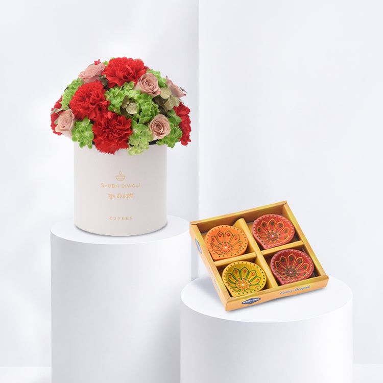 Diwali Cappuccino Rose & Orange Carnation Box - Diwali Gifts