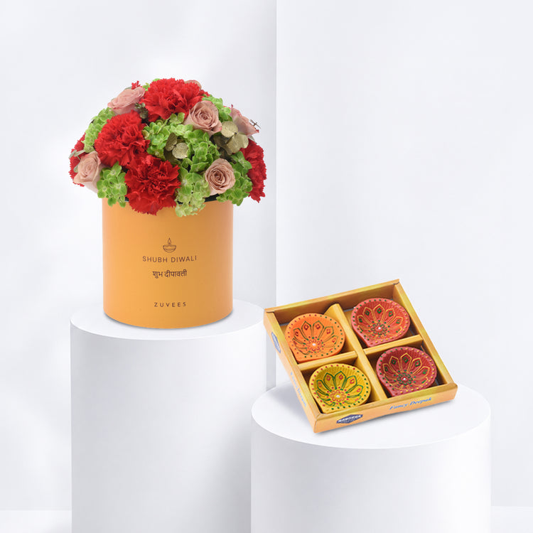 Diwali Rose & Orange Carnation Yellow Box Diya Set Combo - Diwali Gifts