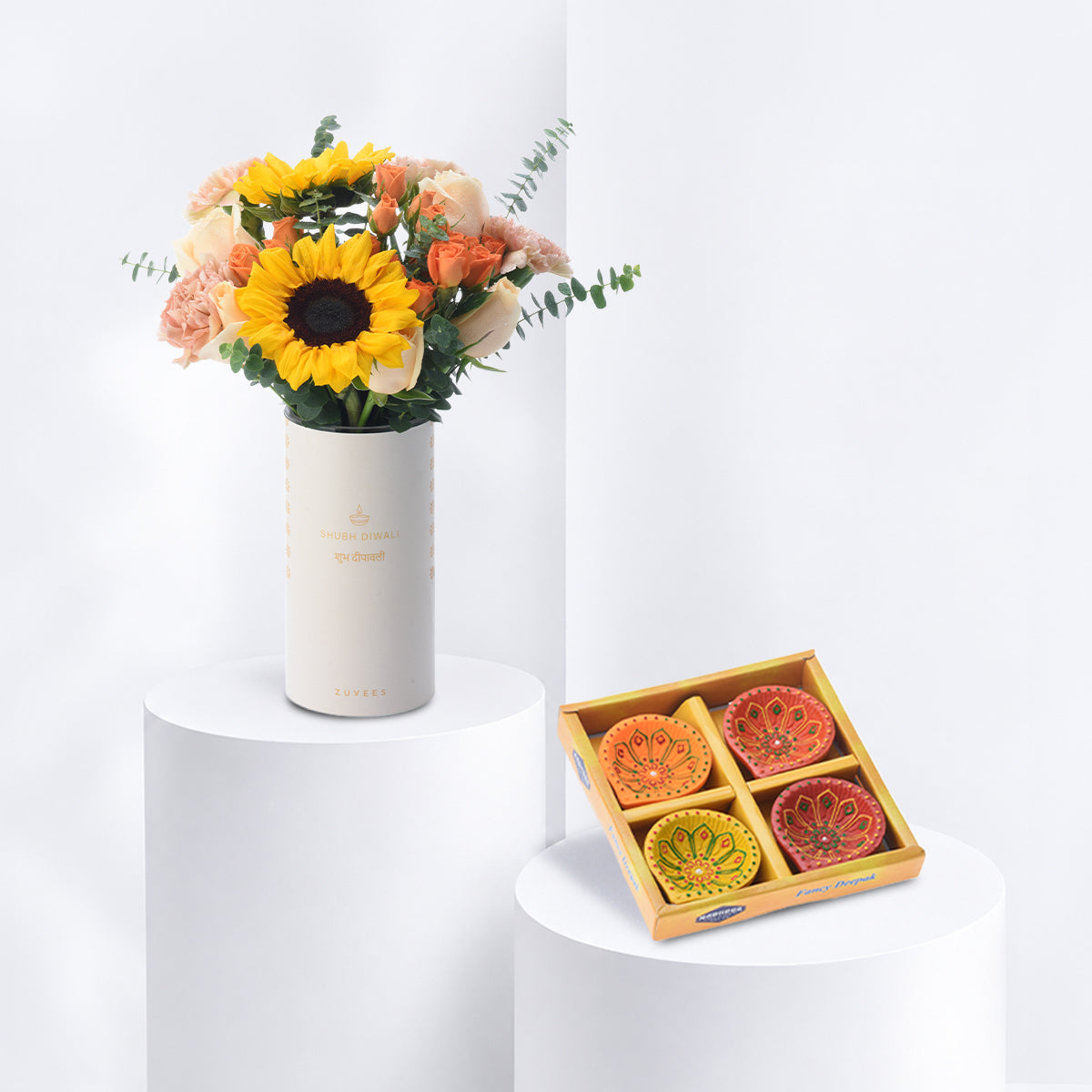 Diwali Sunflower & Peach Flower Vase Diya Set Combo - Diwali Gifts