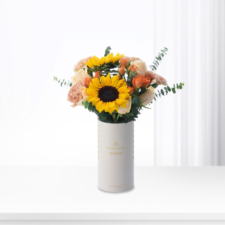 Diwali Sunflower & Peach Rose Flower Vase - Diwali Gifts