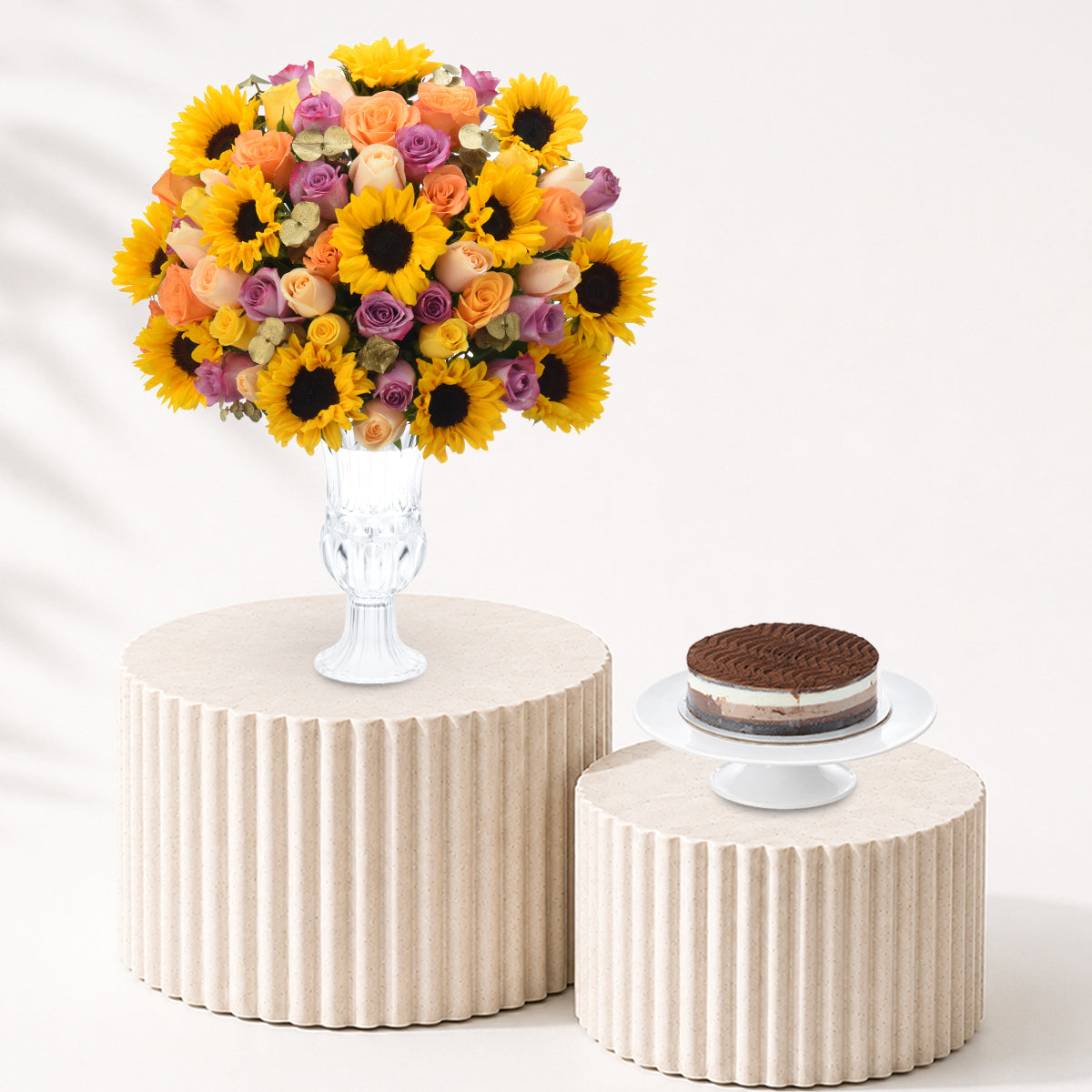 Diwali Sunflower & Roses Vase Arrangement Cake Combo - Diwali Gifts