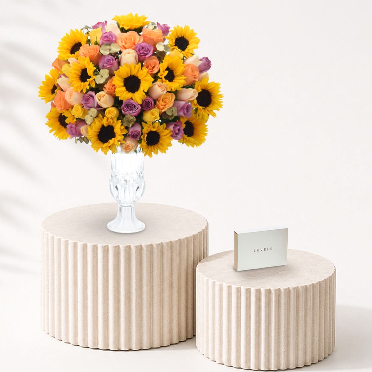 Diwali Sunflower & Roses Vase Arrangement Chocolate Combo - Diwali Gifts