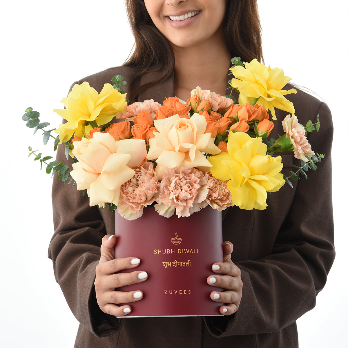 Diwali Yellow Rose & Peach Bloom Box - Diwali Gifts