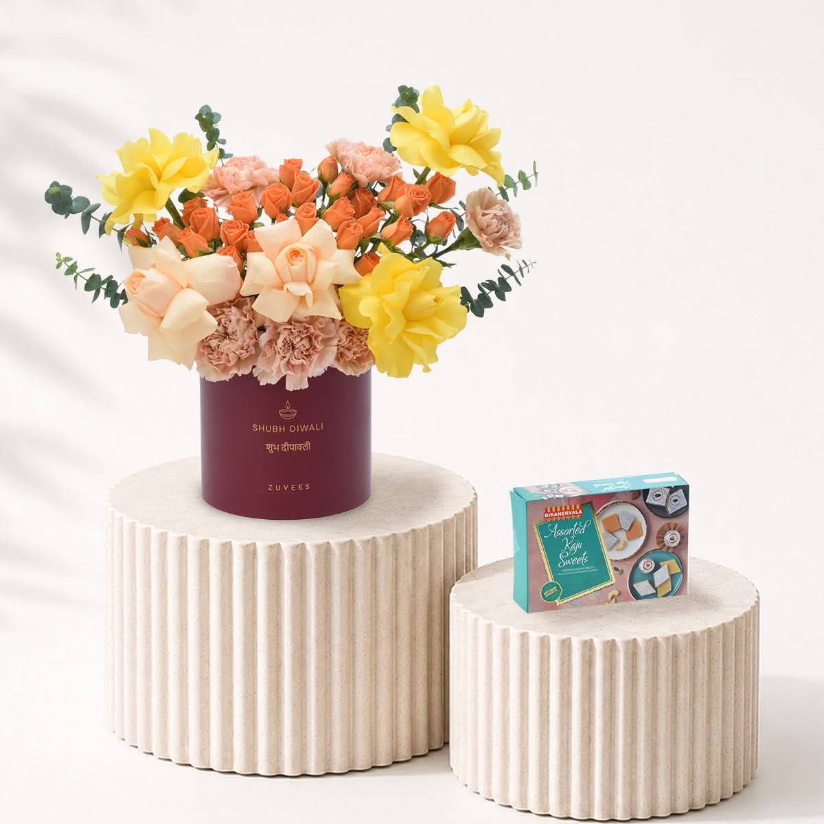 Diwali Yellow Rose & Peach Bloom Red Box Sweets Combo - Diwali Gifts