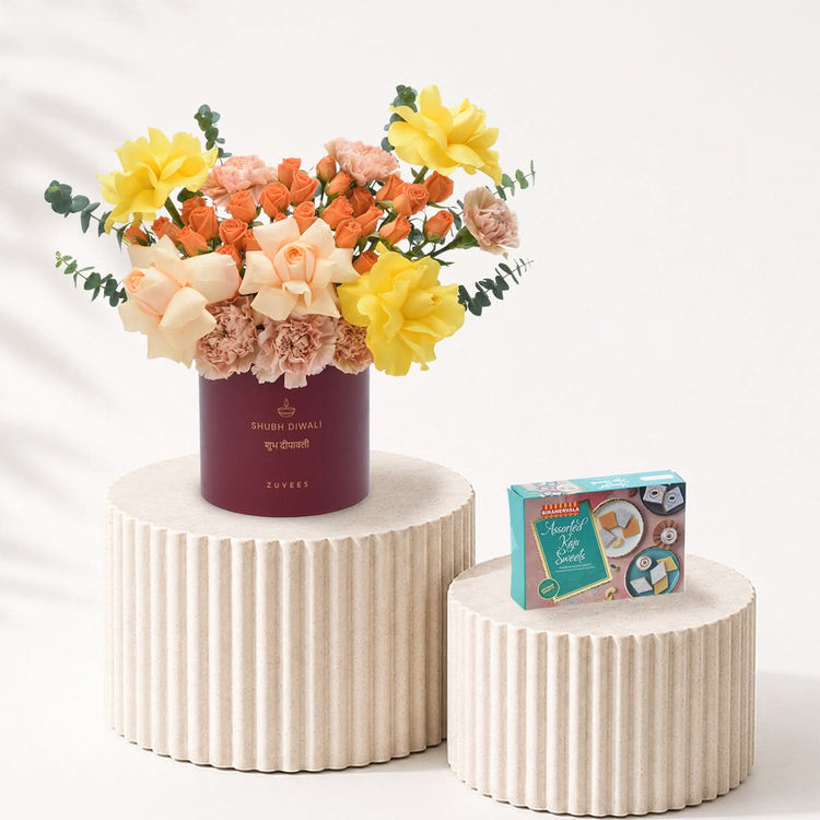 Diwali Yellow Rose & Peach Bloom Red Box Sweets Combo - Diwali Gifts