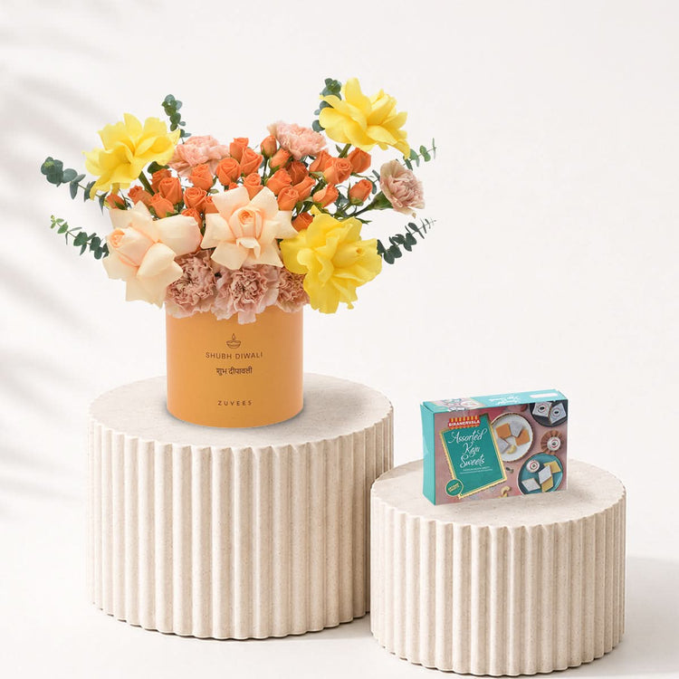 Diwali Yellow Rose & Peach Bloom Yellow Box Sweets Combo - Diwali Gifts