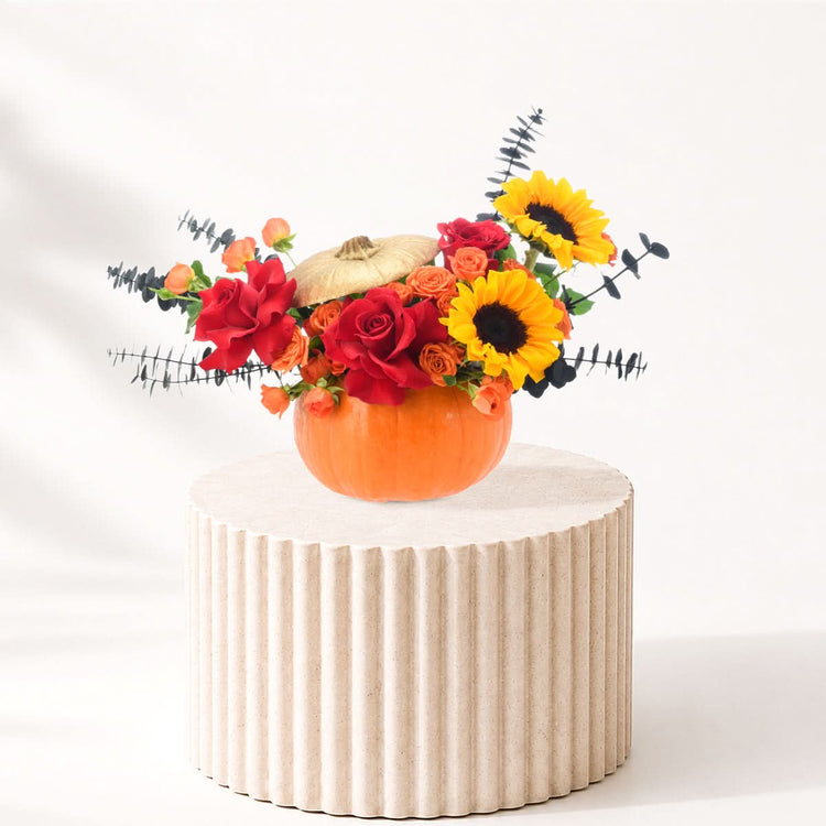 Halloween Sunflower and Roses In Pumpkin - Halloween Gifts