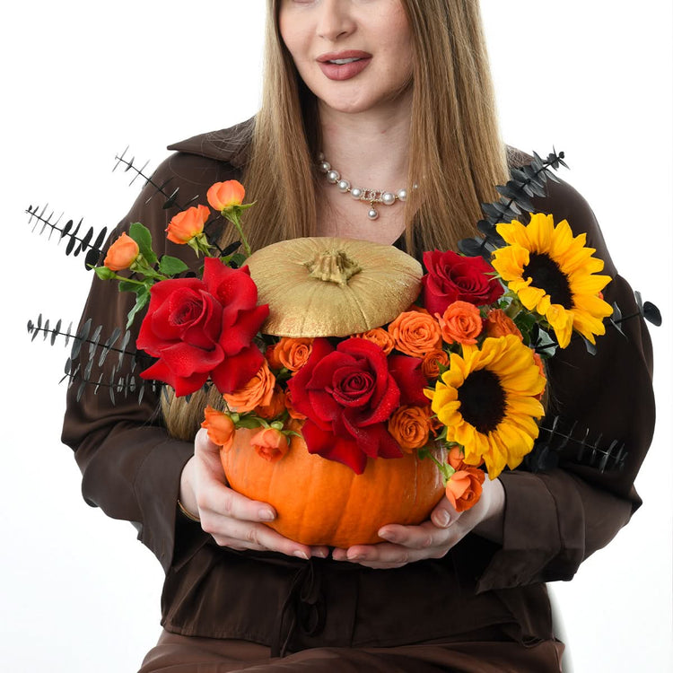 Halloween Sunflower and Roses In Pumpkin - Halloween Gifts