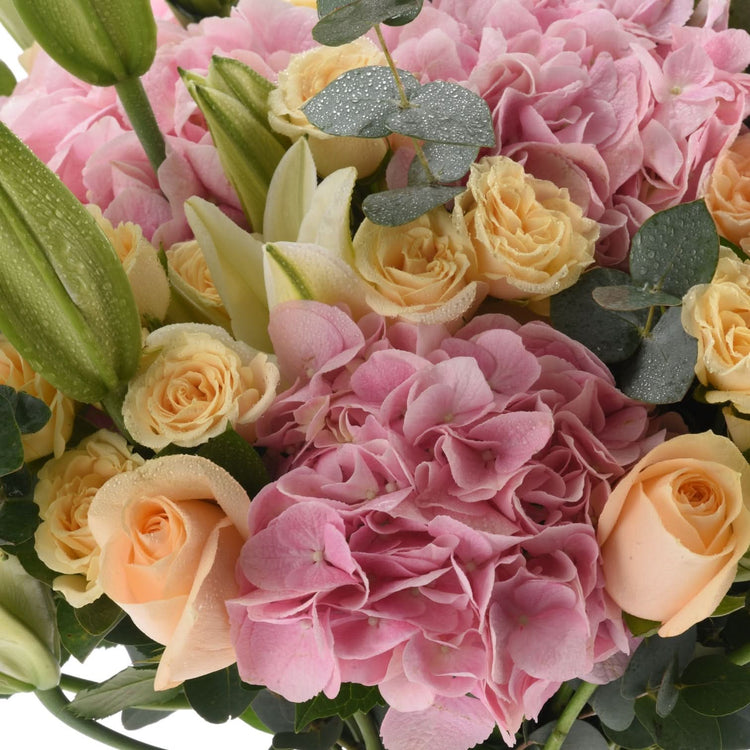 Soft pink hydrangeas, peach roses, and dew-kissed eucalyptus in lush bouquet.