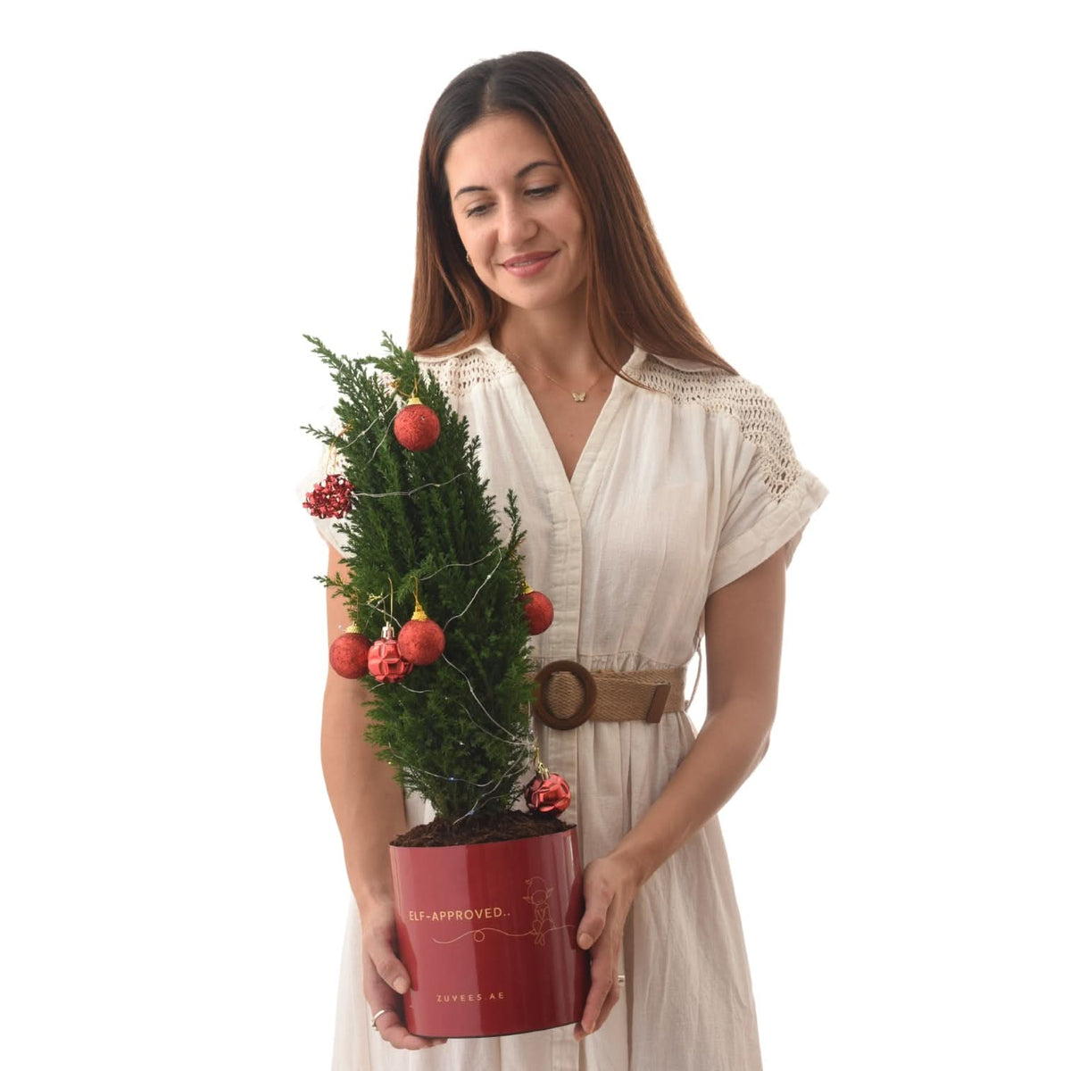 Woman holds festive mini tree in red pot labeled "Elf-Approved."