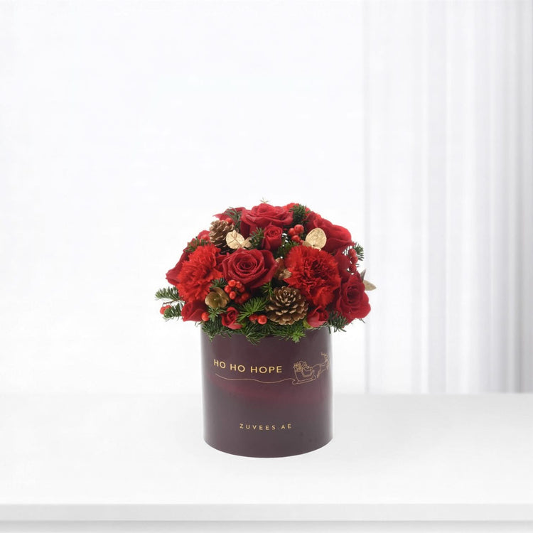Vibrant red roses and carnations in festive dark purple box with gold "HO HO HOPE" text.