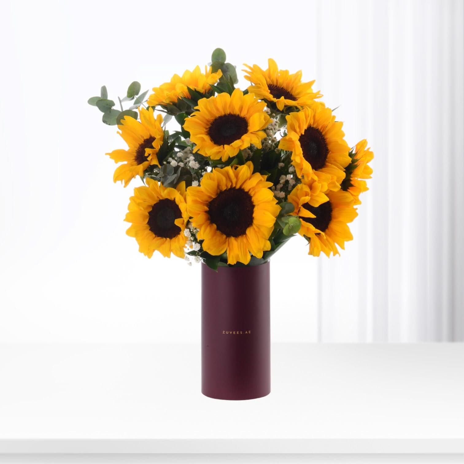 Vibrant sunflowers in deep burgundy vase, minimalist white background.