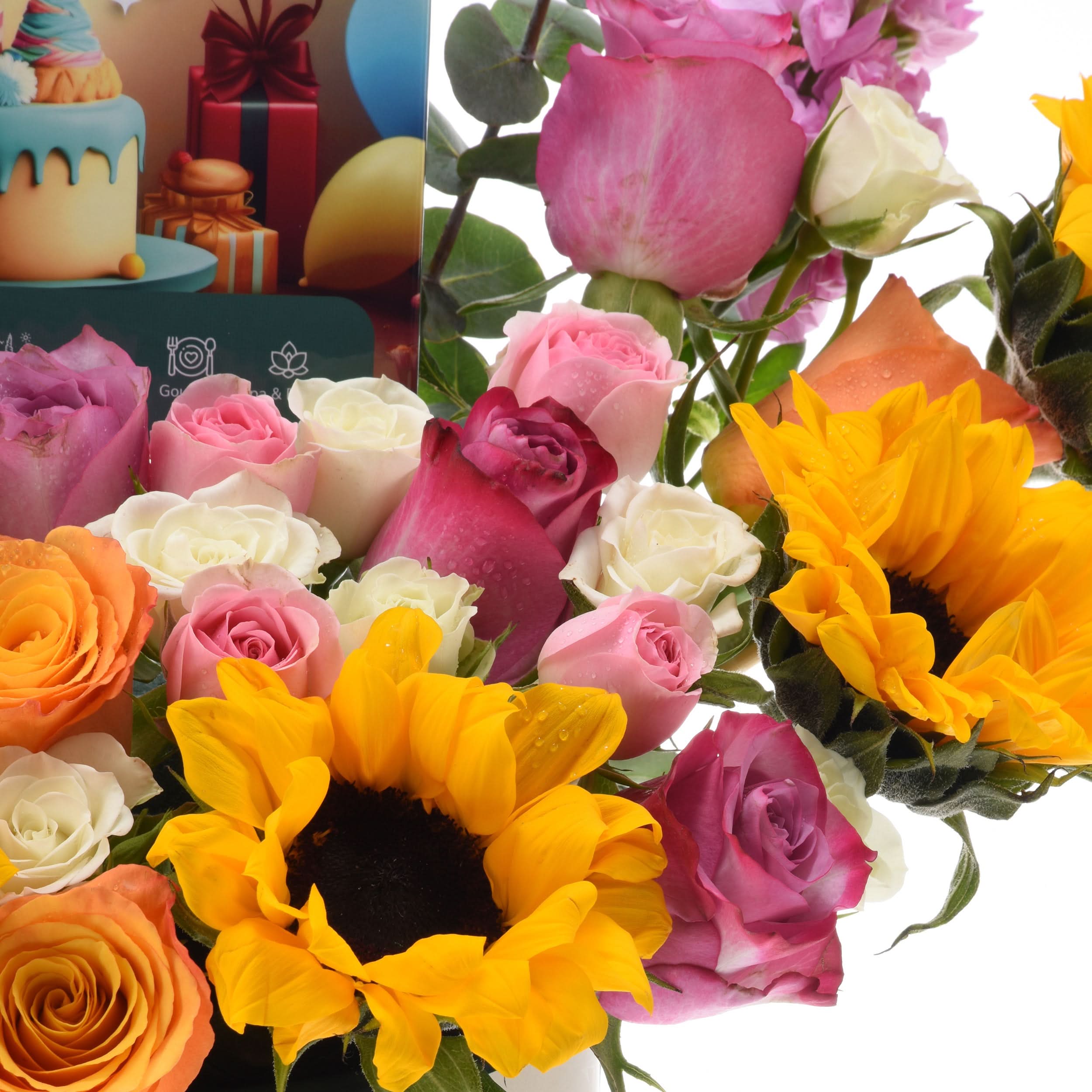 Vibrant sunflowers and roses in pink, white, and orange hues with dewdrops.