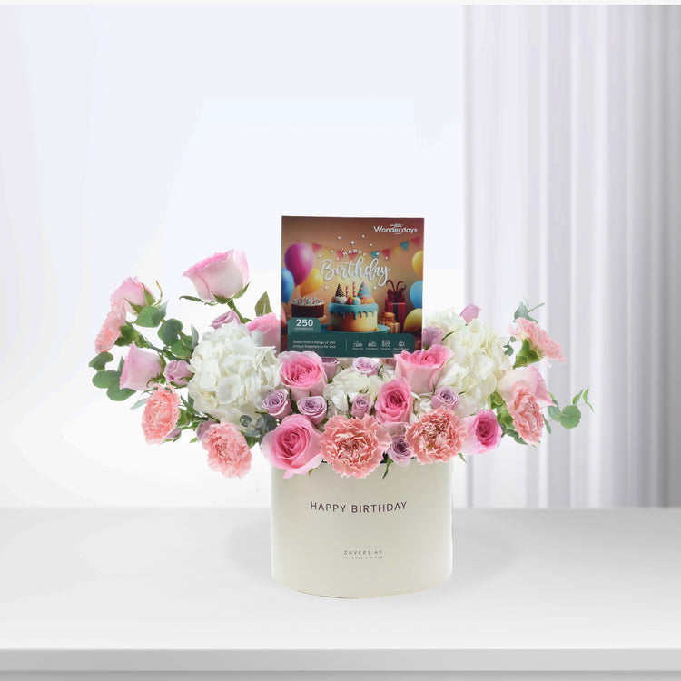 Pastel pink roses, white hydrangeas, and carnations in cream vase with "Happy Birthday" card.