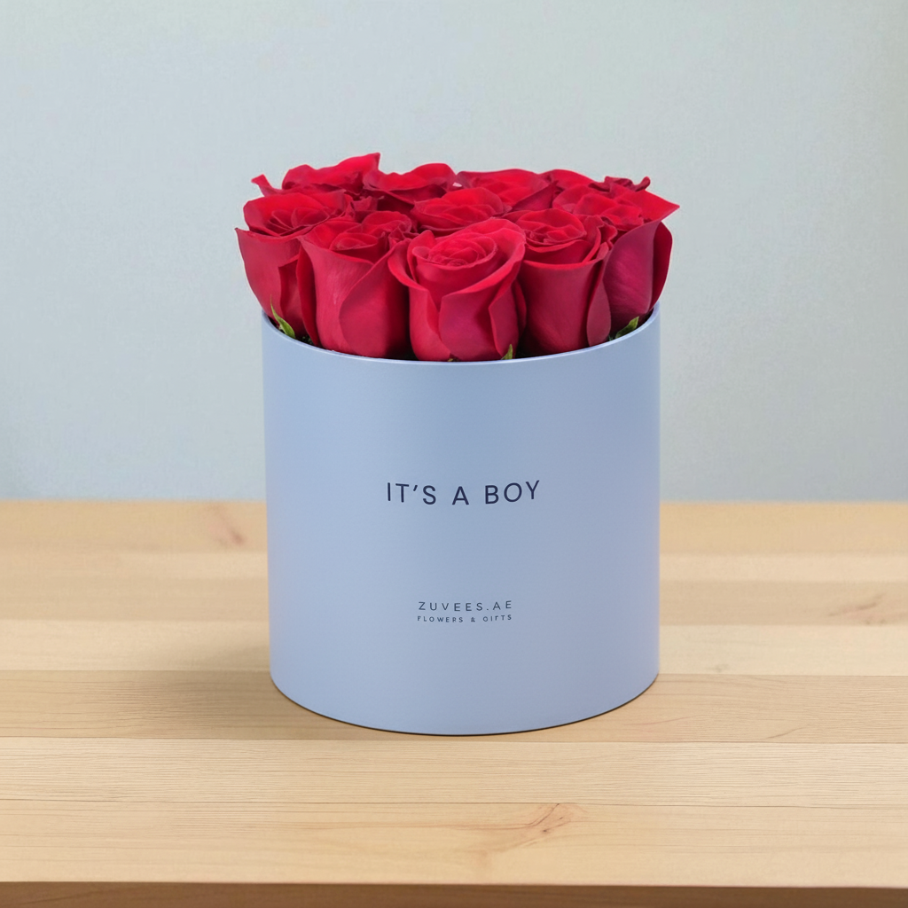 Vibrant red roses fill light blue "It&