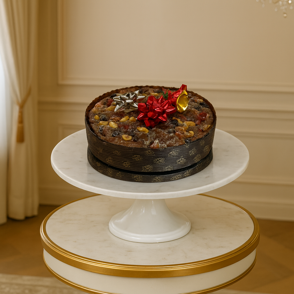 Luxurious fruitcake adorned with red bow, silver star, and gold bell on marble pedestal.