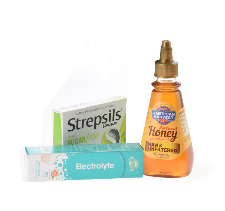 Strepsils sugar-free lozenges, electrolyte tablets, and raw honey bottle displayed against white background.