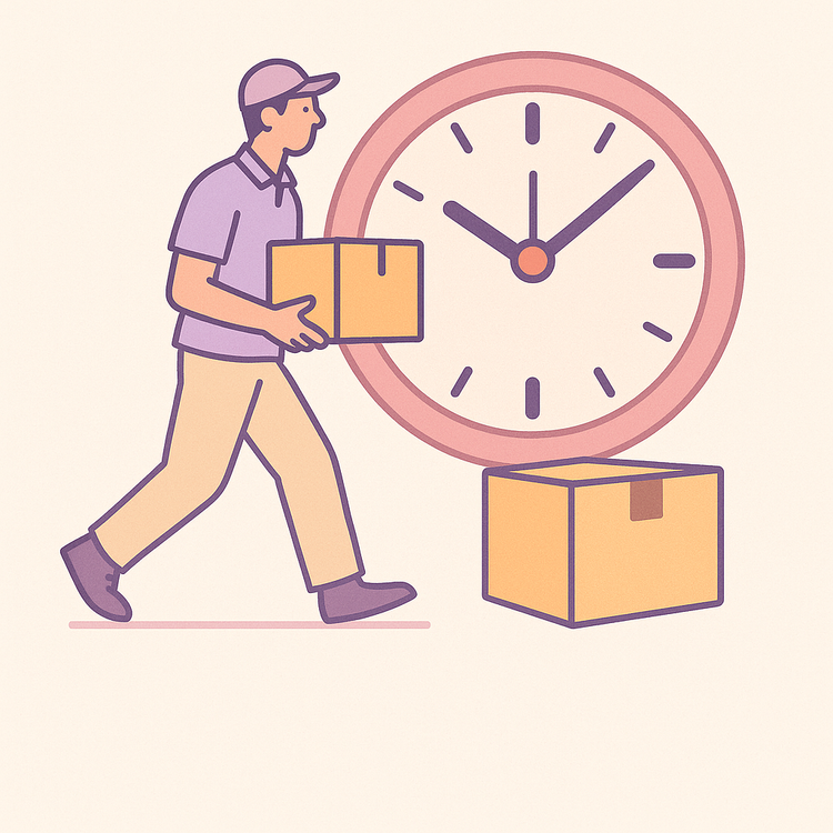 Delivery person carries package beside giant clock, emphasizing timely shipping.