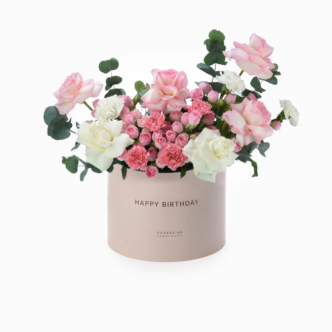 Soft pink roses, white carnations, and eucalyptus in blush box reading “Happy Birthday.”