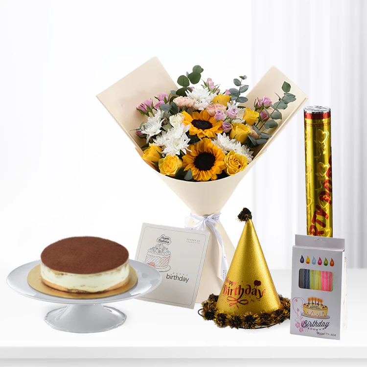 Sunflower bouquet, cake, party hat, confetti popper, candles—birthday celebration bundle.