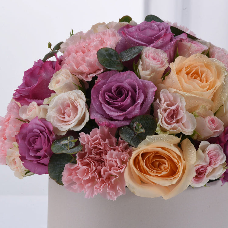 Vibrant pink, purple, and peach roses with dewdrops in a white box.