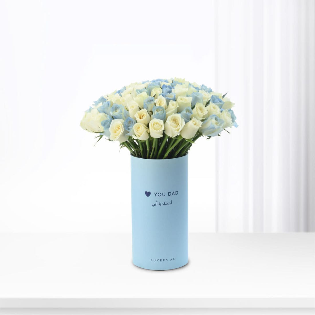 101 blue sky-toned roses arranged in a Love You Dad vase, Father&