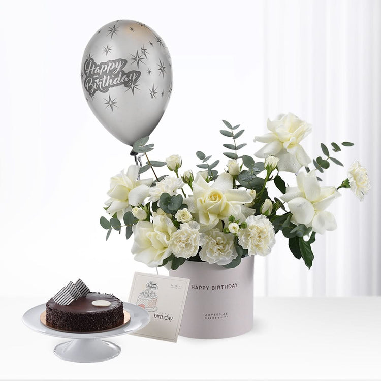 Silver balloon, white roses, chocolate cake—elegant birthday gift set.