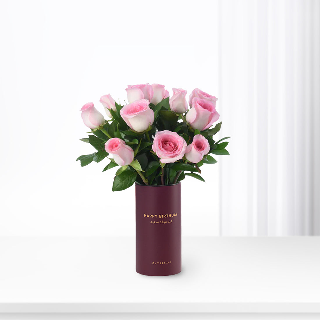 12 Pink Roses Birthday Vase - Zuvees.ae