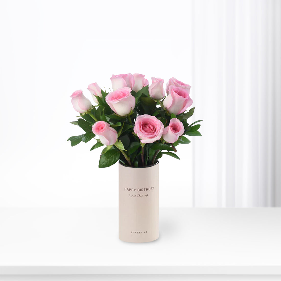 12 Pink Roses Birthday Vase - Zuvees.ae