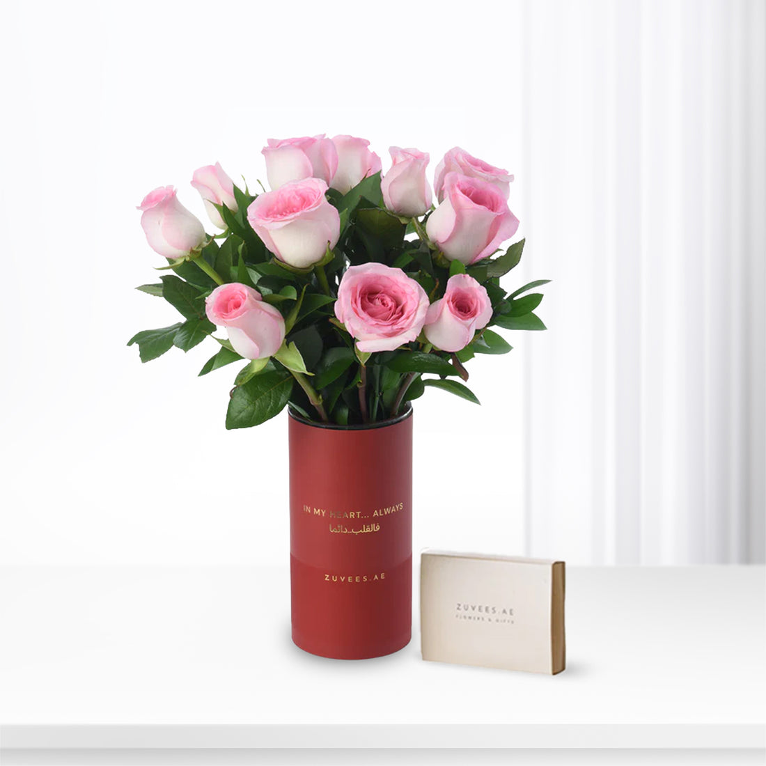 12 Pink Roses Vase To Mom with Zuvees Chocolates - Zuvees.ae