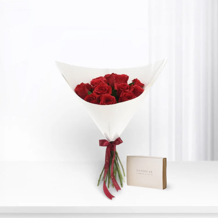 12 Red Roses Love Bouquet Chocolate Combo - Zuvees.ae