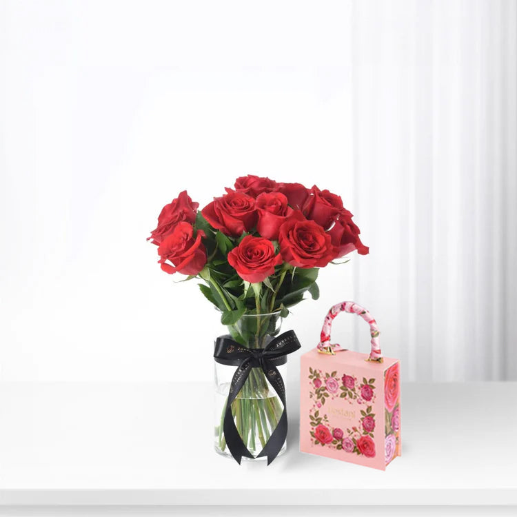 12 Valentine Red Roses Vase Chocolate Combo - Zuvees.ae